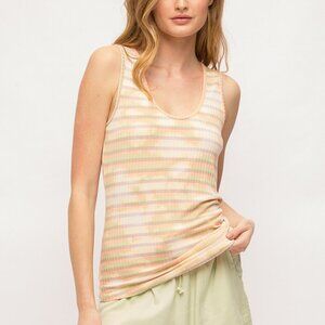MYSTREE Pastel Striped Ribbed Tank Top, Scoop Neck Sleeveless Stretch Knit